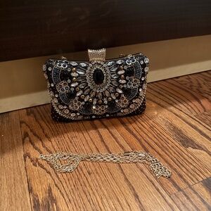 Black Stone-Work Clutch,2 Straps